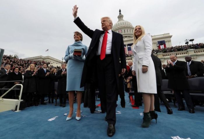 President Donald Trump acknowledges the audience after taking the oath of office.