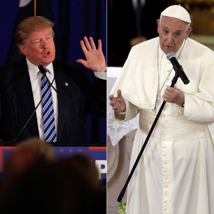(Left) U.S. Republican presidential candidate Donald Trump speaks to voters at a rally at the Turtle Point Golf Club in Kiawah Island, South Carolina, on February 18, 2016. (Right) Pope Francis talks to the faithful inside the Cathedral in Morelia, Mexico, on February 16, 2016.
