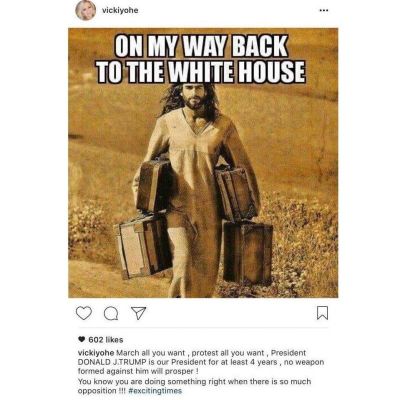 Gospel singer Vicki Yohe undergoes vicious online attacks after posting an Instagram photo of Jesus heading back into the White House, 2017.