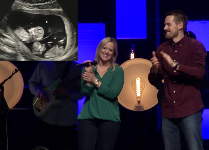 Pastor Gentry Eddings (R) of Forest Hill Church Ballantyne Campus in North Carolina and his wife, Hadley, announced they are expected twins nearly two years after they lost their two children due to a tragic accident in 2015. The twins are shown in the ultrasound photo (inset).