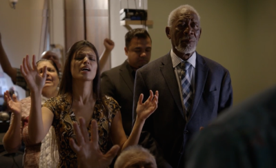 Annie and Morgan Freeman visit 'Newlife United Pentecostal Church on 'The Story of God,' 2016.