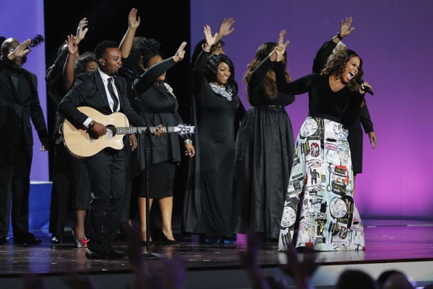 Gospel Singer Travis Greene (L) and R&B singer Chrisette Michele (R) perform at the "Liberty" Inaugural Ball being held for U.S. President Donald Trump and his wife, first lady Melania Trump, in Washington, U.S., January 20, 2017.