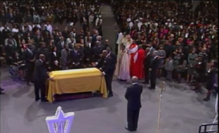 Bishop Eddie Long's casket as it is being removed from the sanctuary of New Birth Missionary Baptist Church in Lithonia, Georgia, on January 25, 2016.