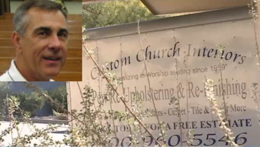 Owner of Custom Church Interiors in Arizona, Robin Groves (Inset) and a truck from his troubled company.