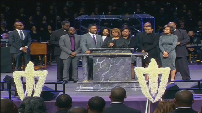 The family of the late Bishop Eddie Long of New Birth Missionary Baptist Church in Lithonia, Georgia listen with the congregation as his wife, Vanessa (podium) speaks at his funeral on Wednesday January 25, 2017.