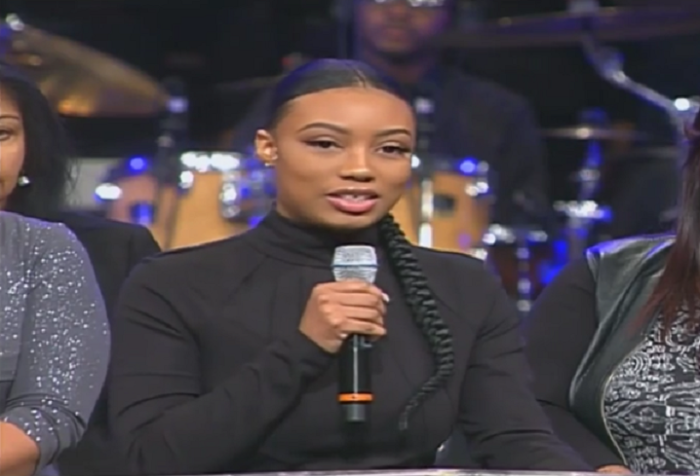 Taylor Long, the late Bishop Eddie Long's daughter, speaks at his homegoing service at New Birth Missionary Baptist Church in Lithonia, Georgia on January 25, 2017.