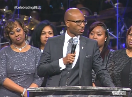 The late Bishop Eddie Long's oldest child, Elder Edward Long, 34, speaks at his homegoing service at New Birth Missionary Baptist Church on January 25, 2017.