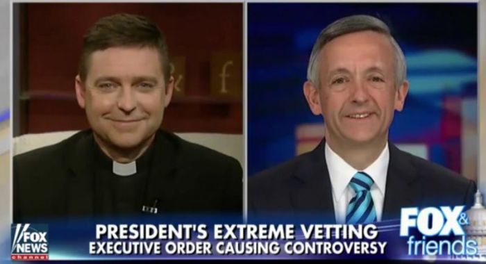 Father Jonathan Morris (L) and Pastor Robert Jeffress weigh in on 'Fox & Friends' on January 29, 2017.