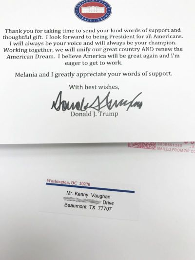 A letter of appreciation for a gift received by President Donald Trump, January 2017, Washington, D.C.