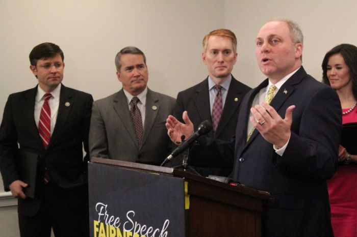 Rep. Steve Scalise, R-La., speaks at a press conference introducing the Free Speech Fairness Act in the United States Capitol on Feb. 1, 2017.