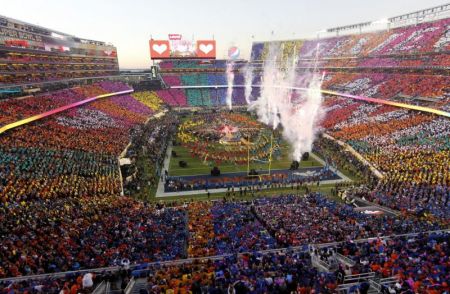 Overview of half-time show during the NFL's Super Bowl 50 football game between the Carolina Panthers and the Denver Broncos in Santa Clara, California February 7, 2016.