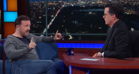 Stephen Colbert (R) and Ricky Gervais tried to convince each other about the existence of God on "The Late Show" on February 1, 2017.