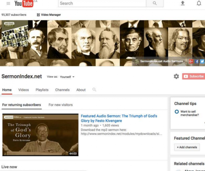 The YouTube account page for SermonIndex.net.