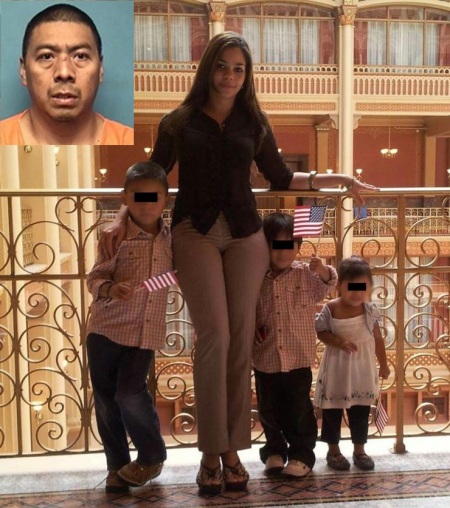 The late Yadira Gomez, 33, and her three children. Her husband, Vicente Roldan-Marron, 46 (inset), is charged with killing her at their apartment in Independence, Missouri, on Sunday, January 29, 2017, after returned home from church.