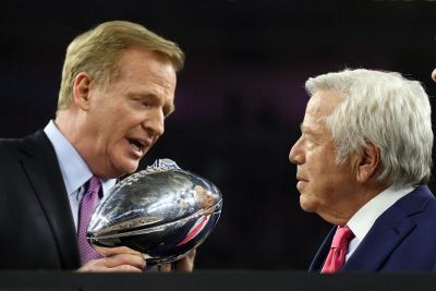 NFL commissioner Roger Goodell present the Vince Lombardi Trophy to New England owner Robert Kraft after the New England Patriots beat the Atlanta Falcons during Super Bowl LI at NRG Stadium on Feb. 5, 2017 in Houston, Texas.