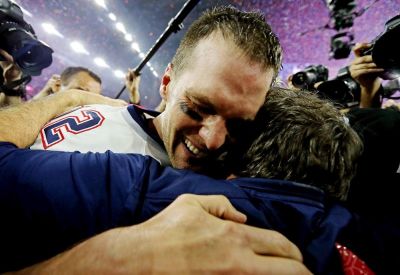 New England Patriots head coach Bill Belichick and quarterback Tom Brady (12) celebrate after beating the Atlanta Falcons during Super Bowl LI at NRG Stadium on Feb. 5, 2017 in Houston, Texas.