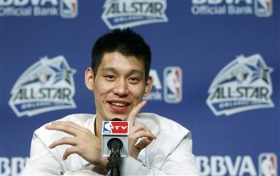 Jeremy Lin talks during a news conference before the BBVA Rising Stars Challenge game in Orlando, Florida, Feb. 24, 2012.