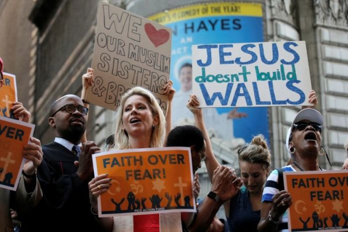 Protesters outside of a meeting with conservative Christian leaders in New York City in this undated photo.