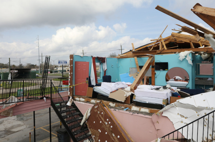 A hotel room at Jacks Motel on Chef Menteur New Orleans East is shown after the roof was torn off in the aftermath of a series of tornadoes left trees, power lines, homes and businesses leveled, in New Orleans, Louisiana.