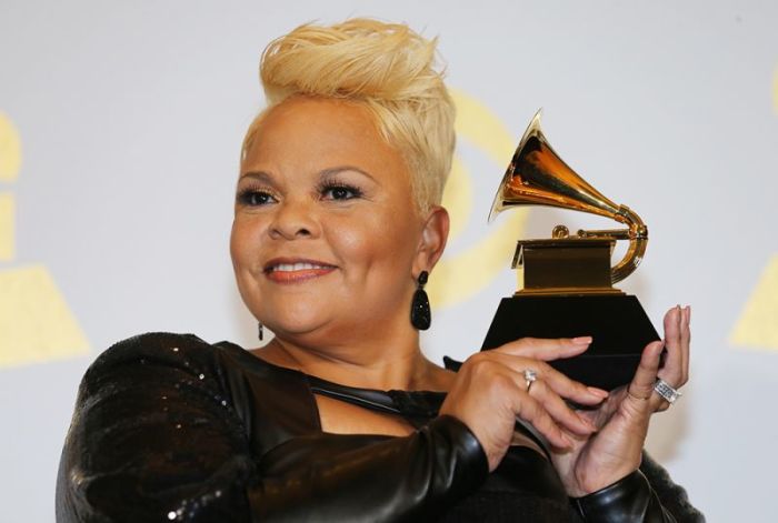 Tamela Mann holds the award she won for Best Gospel Performance/Song for 'God Provides' at the 59th Annual Grammy Awards in Los Angeles, California, February 12, 2017.