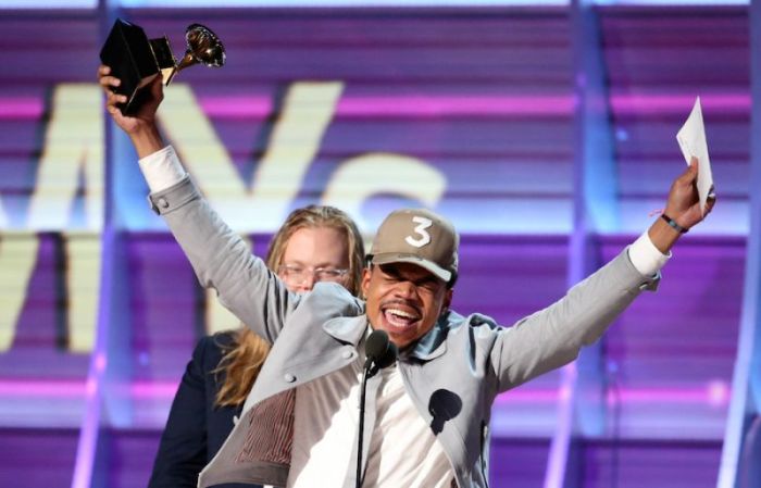 Chance the Rapper celebrates as he accepts the Grammy for Best Rap Album for 'Coloring Book'. February 13, 2017