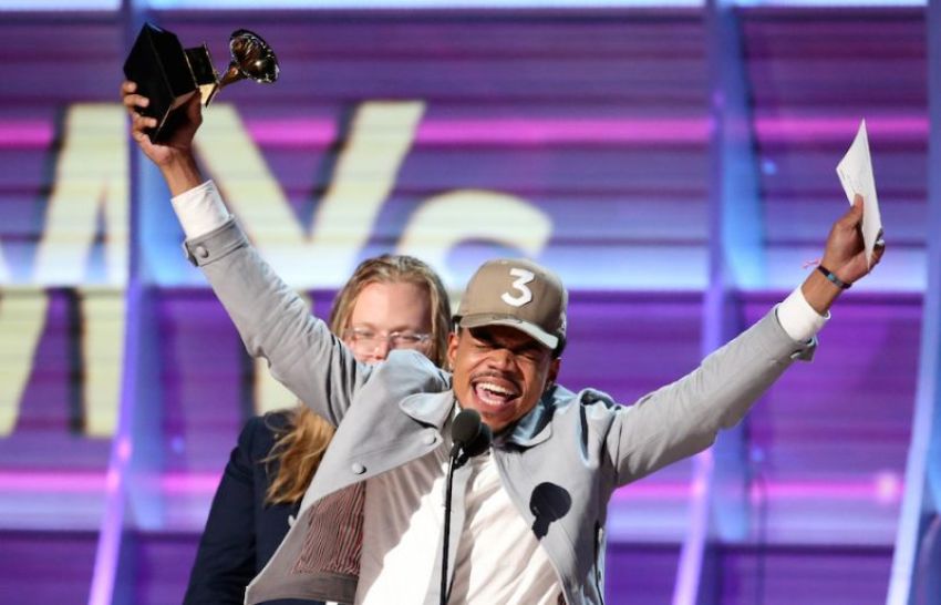 Chance the Rapper celebrates as he accepts the Grammy for Best Rap Album for "Coloring Book". February 13, 2017