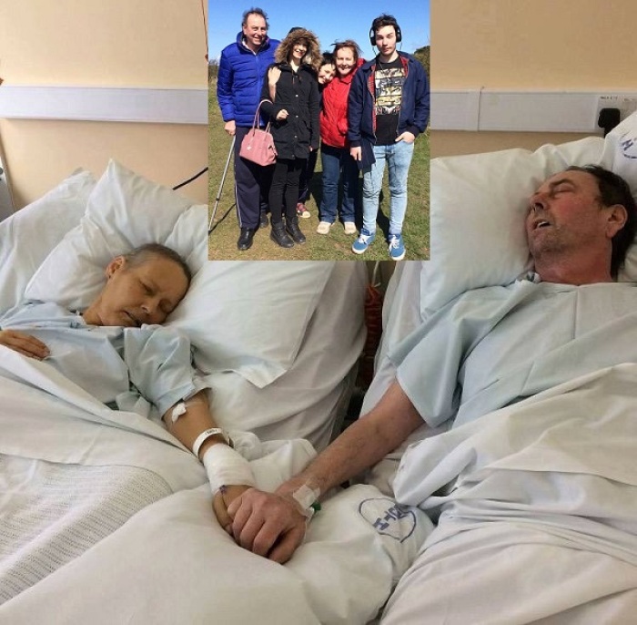 The late Julie and Mike Bennet on their deathbed and with their children (inset) during happier times. They were diagnosed with terminal cancer three years apart.