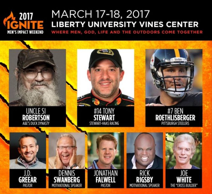 A flyer for the Ignite men's conference slated for Liberty University from March 17-18, 2017.