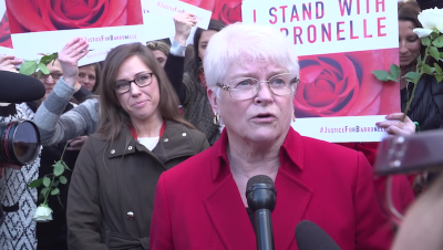 Barronelle Stutzman, owner of Arlene's Flowers in Richland, Washington, speaks as supporters rally around her in November 2016.