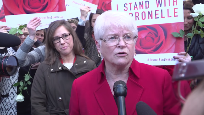 Barronelle Stutzman, owner of Arlene’s Flowers in Richland, Washington, speaks as supporters rally around her in November 2016.