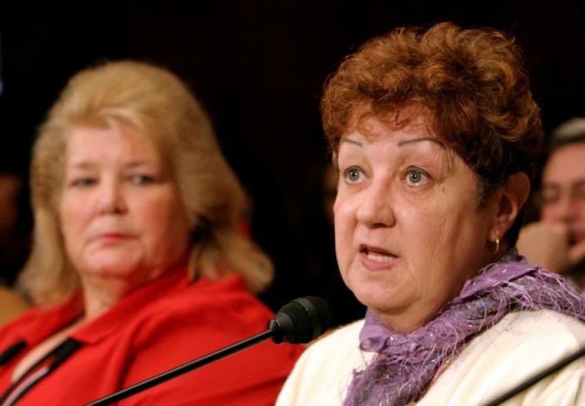 Norma McCorvey of Dallas, Texas (R), the "Roe" in the Roe v. Wade Supreme Court case, testifies before the U.S. Senate Judiciary Committee along with Sandra Cano of Atlanta, Georgia, the "Doe" in the Doe v. Bolton Supreme Court case, on Capitol Hill in Washington, DC June 23, 2005.