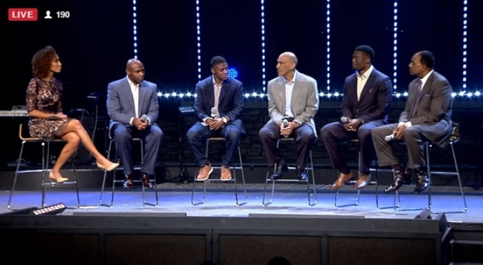 Panelists participate in the 'Under Our Skin' forum on race and faith held at The Crossing Church in Tampa, Florida on Feb. 16, 2017. From left to right: ESPN anchor Sage Steele, University of South Florida head coach Charlie Strong, former NFL running back Warrick Dunn,former Indianapolis Colts head coach Tony Dungy, Baltimore Ravens tight end Benjamin Watson and CBS sportscaster James Brown.