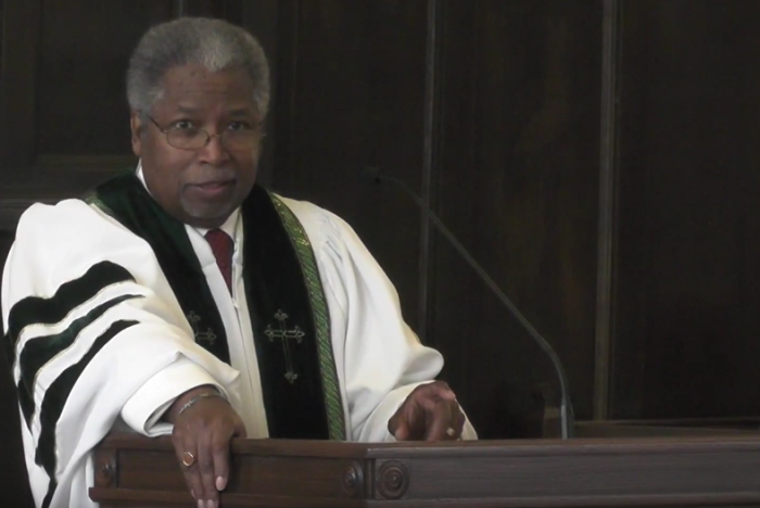 The Rev. J. Wendell Mapson, Jr., senior pastor at Monumental Baptist Church of Philadelphia, Pennsylvania, preaching a sermon in January 2017.