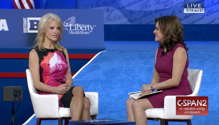 White House Counselor Kellyanne Conway speaks with Washington Times columnist Mercedes Schlapp at the Conservative Political Action Conference at the Gaylord National Resort and Convention Center on Thursday, February 23, 2017.