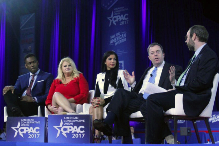 Panelists discuss free speech problems on American college campuses at the Conservative Political Action Conference at the Gaylord National Resort and Convention Center in Oxon Hill, Maryland, February 25, 2017. From left: Radio host and author Lawrence Jones, conservative activist Amanda Owens, conservative commentator Madison Gesiotto and moderator Bryan Bernys.