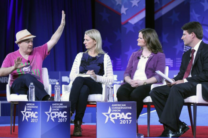 Filmmakers Phelim McAleer and Ann McElhinney (L), Marcie Little of Save the Storks (C), Sean Fieler of the American Principles Project (R) speak on the future of the pro-life movement at CPAC at the Gaylord National Convention Center in Oxon Hill, Maryland, February 24, 2017.