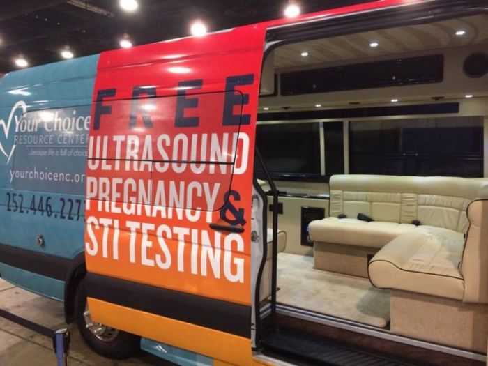 A Save the Storks van fitted with ultrasound technology for use outside of abortion clinics at CPAC 2017.