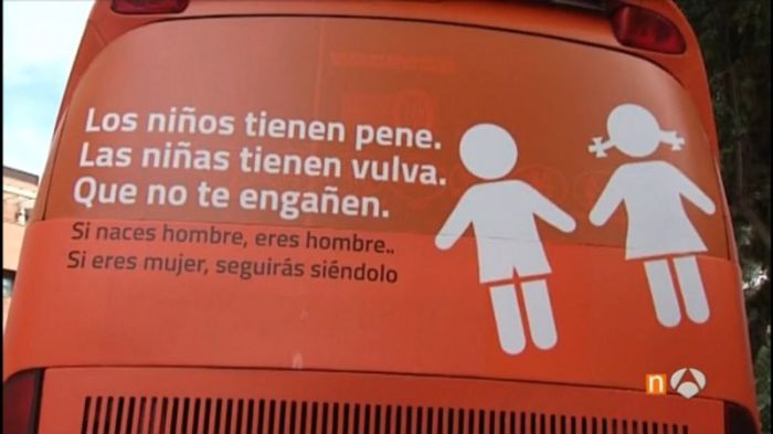 Catholic group Hazte Oir's bus ads that say 'Boys have penises, girls have vulvas. Do not be fooled' have been banned by the city council in Madrid, Spain, February 2017.