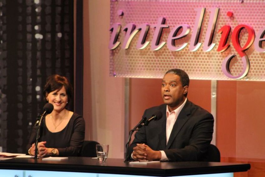 Jeanne Allen (L), founder and CEO of the Center for Education Reform and Gerard Robinson (R), resident fellow at the American Enterprise Institute and former Florida commissioner of education at the Intelligence Squared U.S. debate on the motion "Charter Schools Are Overrated" at the Kaufman Center in New York City on March 1, 2017.