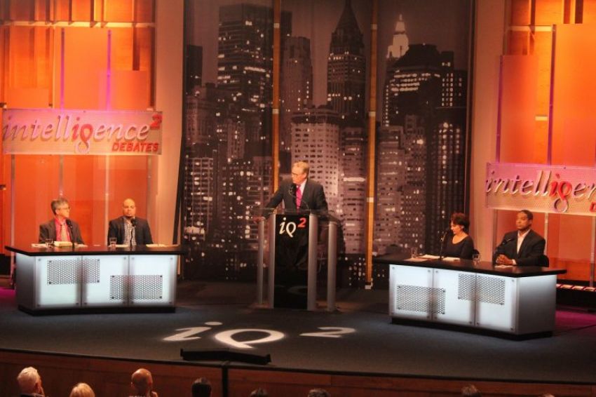 Gary Miron (1st L), professor in evaluation, measurement and research at Western Michigan University; Julian Vasquez Heilig (2nd L), a professor and the director of the Doctorate in Educational Leadership at California State University, Sacramento; Jeanne Allen (2nd R), founder and CEO of the Center for Education Reform and Gerard Robinson (1st R), resident fellow at the American Enterprise Institute and former Florida commissioner of education at the Intelligence Squared U.S. debate the motion "Charter Schools Are Overrated" at the Kaufman Center in New York City on March 1, 2017. Moderating the debate is John Donvan (C).