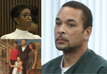 Gregory Green, 50 (R) was sentenced to served least 47 years in prison on March 1, 2017 for the murder of his two young daughters and two teenage stepchildren. His wife Faith (top L), 39, told him during the sentencing to "burn in hell." At bottom left is a photo of faith and her murdered children Koi, 5, Kaleigh, 4, Chadney Allen, 19, and Kara Allen, 17.