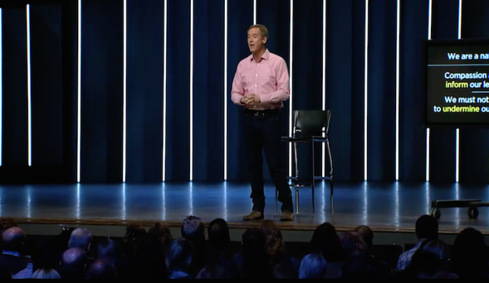 Pastor Andy Stanley preaches at North Point Community Church in Alpharetta, Georgia, on Feb. 26, 2017.