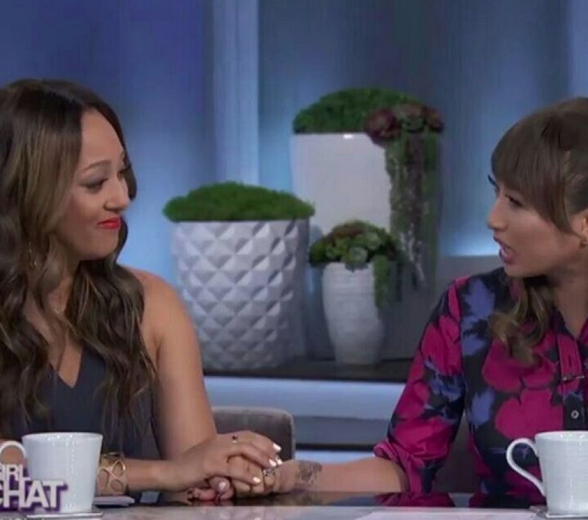 "The Real" co-hosts Jeannie Mai (R) and Tamera Mowry-Housley (L) discuss baby shaming on March 3, 2017.