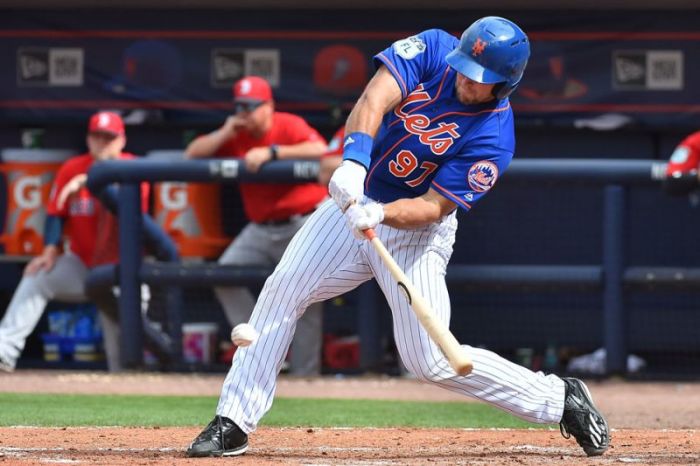 New York Mets designated hitter Tim Tebow (97) grounds into a double play that resulted in a run against the Boston Red Sox at First Data Field on March 8, 2017 in Port St. Lucie, Florida.