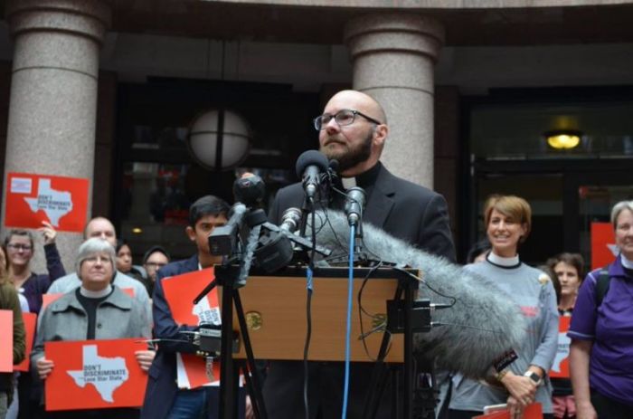 The Rev. S. David Wynn, senior pastor at Agape Metropolitan Community Church in Fort Worth, Texas, speaks to hundreds of LGBTQ advocates protesting the SB6 bill outside the state Capitol in Austin on Tuesday March 7, 2017.