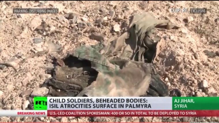 A dead child is left behind as a grim reminder of the horrors that played out in Palmyra, Syria, seen in footage from March 2017.