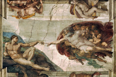 The Creation of Adam is a fresco painted by Michelangelo, the work started at 1508 and finished 1512, it appears on the ceiling of the Sistine Chapel. It illustrates the Biblical story from the Book of Genesis in which God the Father breathes life into Adam, the first man. Chronologically the fourth in the series of panels depicting episodes from Genesis on the Sistine ceiling, it was among the last to be completed.