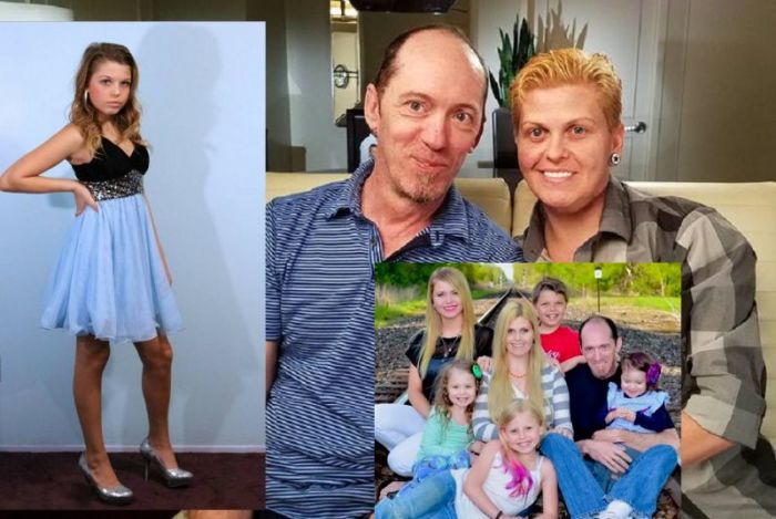Eric (formerly Erica) and Les Maison have been married for 10 years. Erica (posing in inset with Les and 5 children) is transitioning into a man called Eric. Her only son Corey (red shirt in family photo) is now a 15-year-old transgender girl (L in heels).