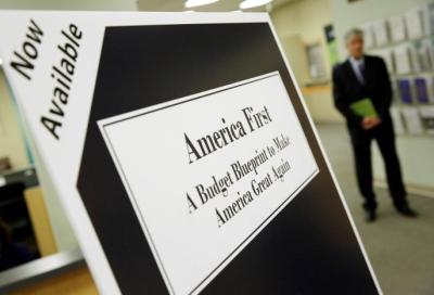 U.S. President Donald Trump's overview of the budget priorities for Fiscal Year 2018 are displayed at the U.S. Government Publishing Office (GPO) on its release by the Office of Management and Budget (OMB) in Washington, U.S. March 16, 2017.