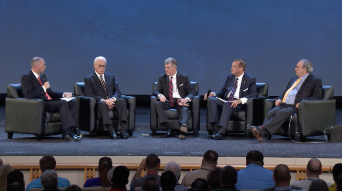 Reformed theologians, including Albert Mohler (2nd from right), speak during a panel at the Ligonier National Conference, March 9, 2017.